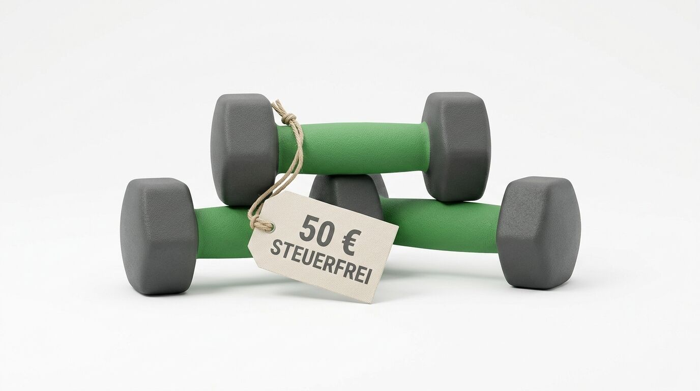 Zwei grüne Hanteln mit einem Preisschild, auf dem „50 € STEUERFREI“ steht