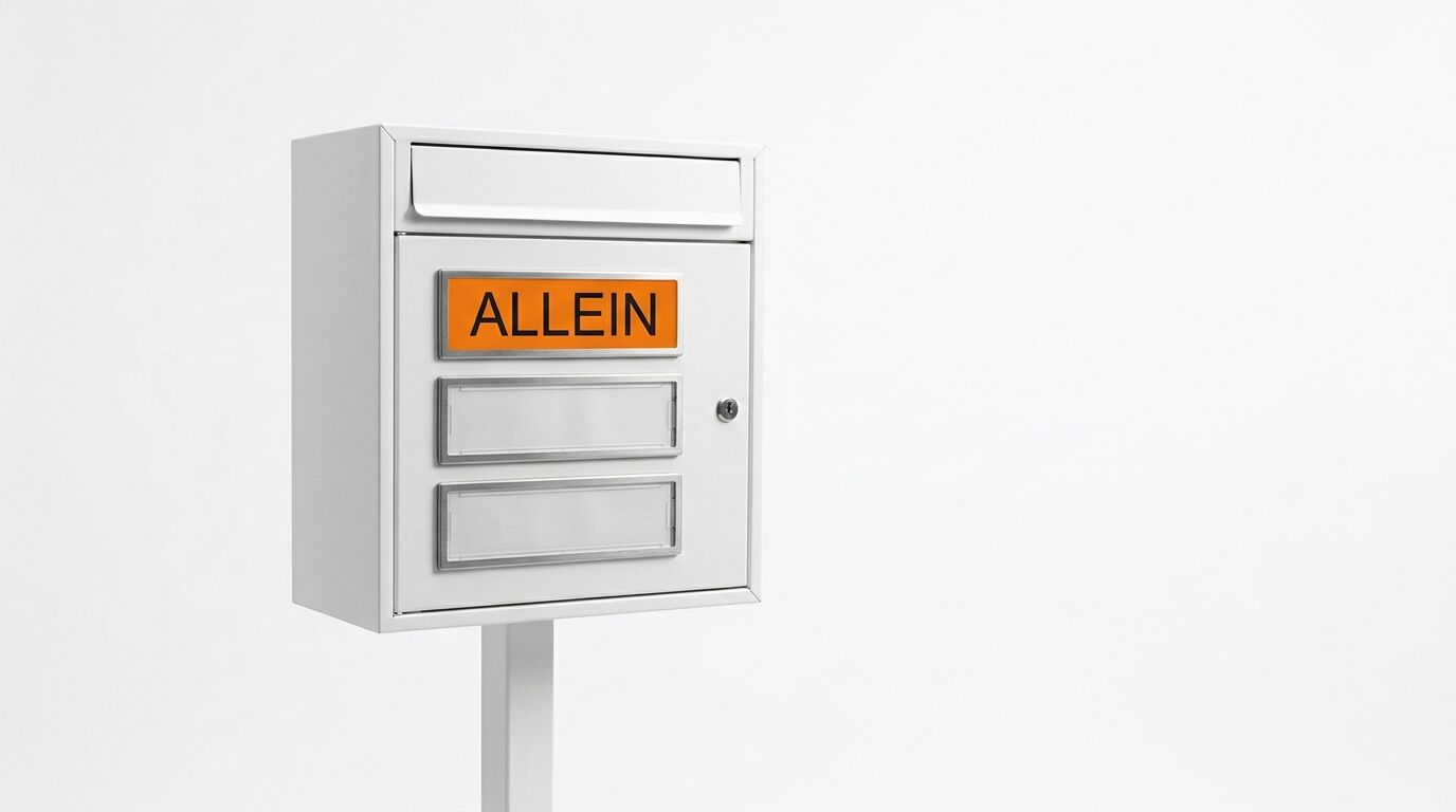 Ein weißer Standbriefkasten mit einem orangefarbenen Schild, darauf steht „ALLEIN“