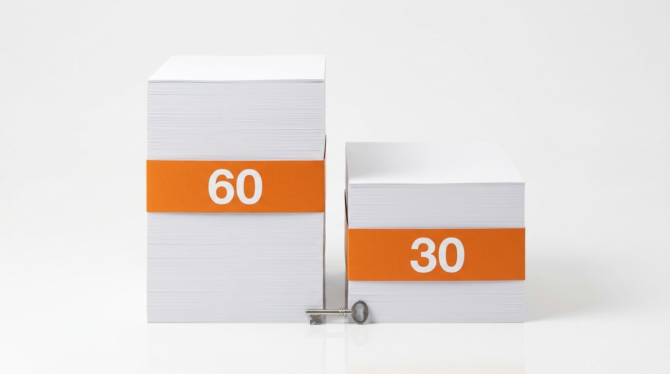 Zwei Papierstapel, banderoliert mit „60“ und „30“, davor ein Schlüssel, weißer Hintergrund