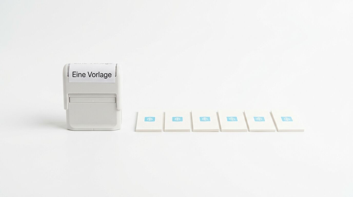 Ein weißer Stempel links, rechts davon sechs kleine Karten mit hellem Blatt-Motiv