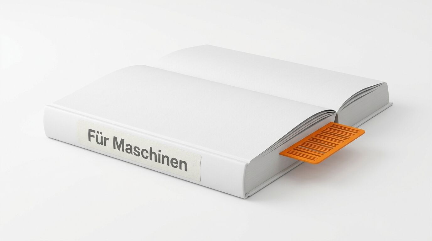 Weißes Buch mit Text „Für Maschinen“ und orangefarbenem Barcode-Lesezeichen auf weißem Grund