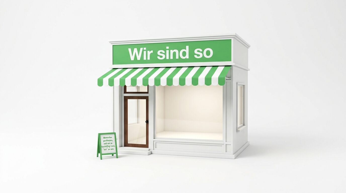 Modell eines Ladengeschäfts mit Schild „Wir sind so“, Markise und Kundenstopper