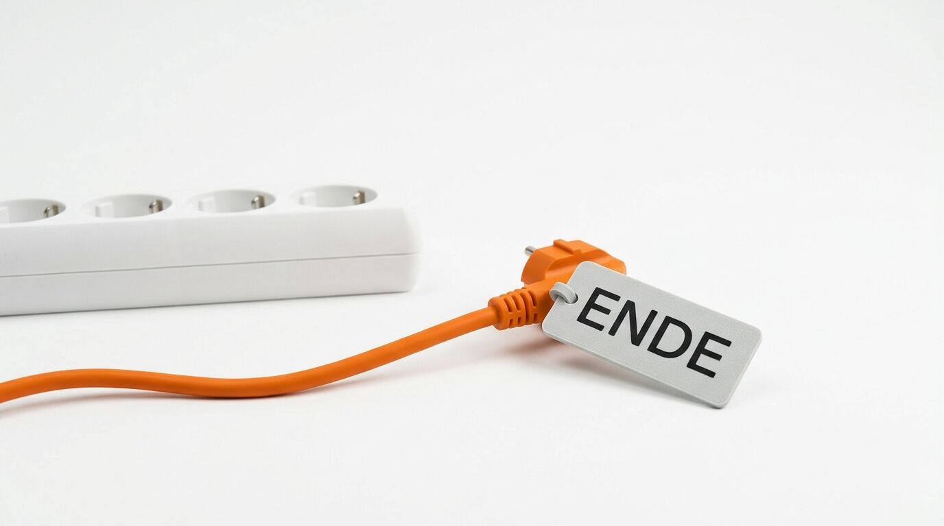 Ein oranger Stecker mit einem Schild mit der Aufschrift „ENDE“ auf einem weißen Hintergrund