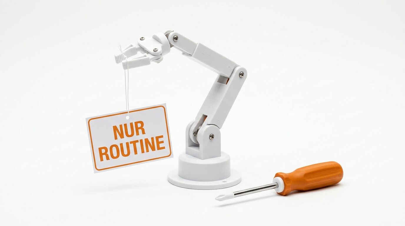 Roboterarm hält Schild „NUR ROUTINE“ an Schnur, Schraubendreher liegt daneben