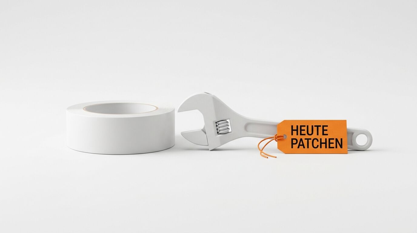 Wulst weißes Band, weißer Schraubenschlüssel mit orangefarbenem Anhänger: „HEUTE PATCHEN“