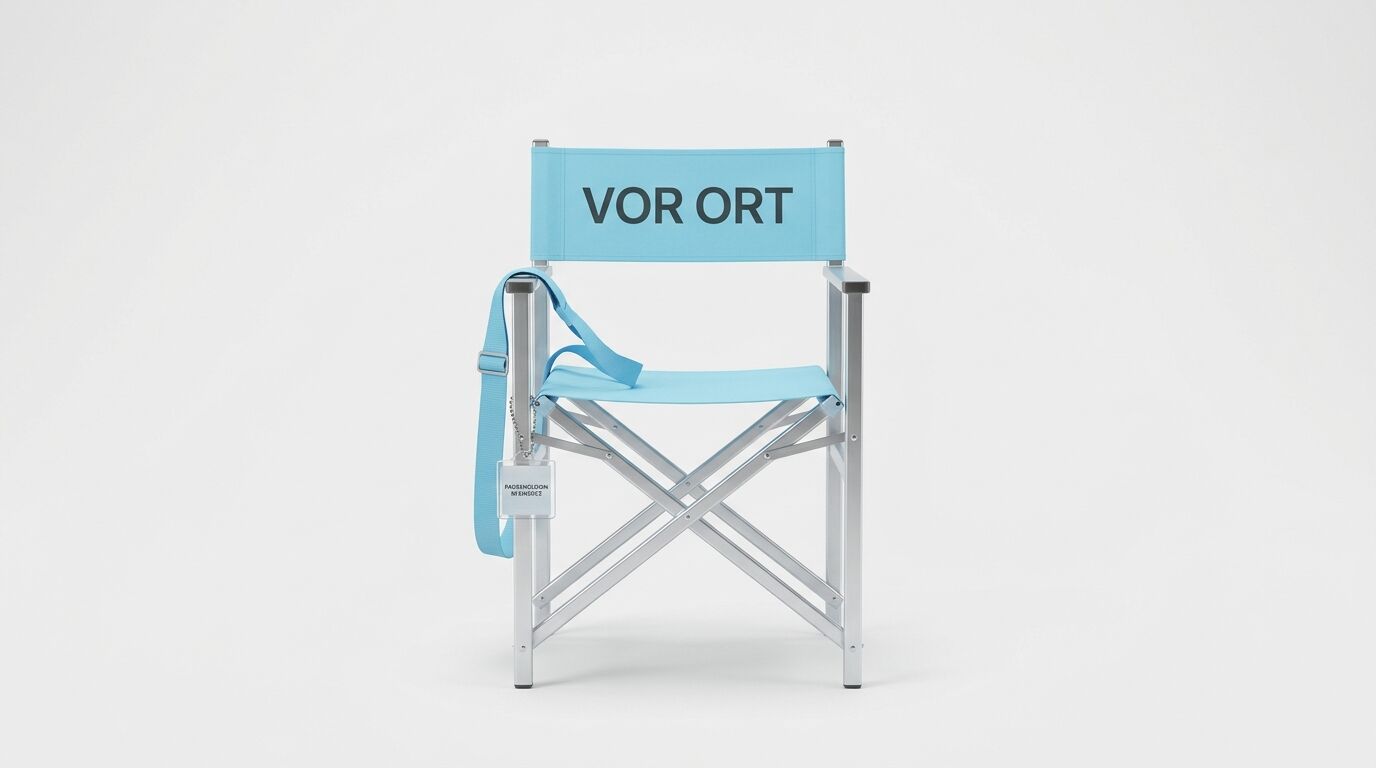 Hellblauer Regiestuhl mit Text „VOR ORT“ auf der Rückenlehne und blauem Band am Gestell