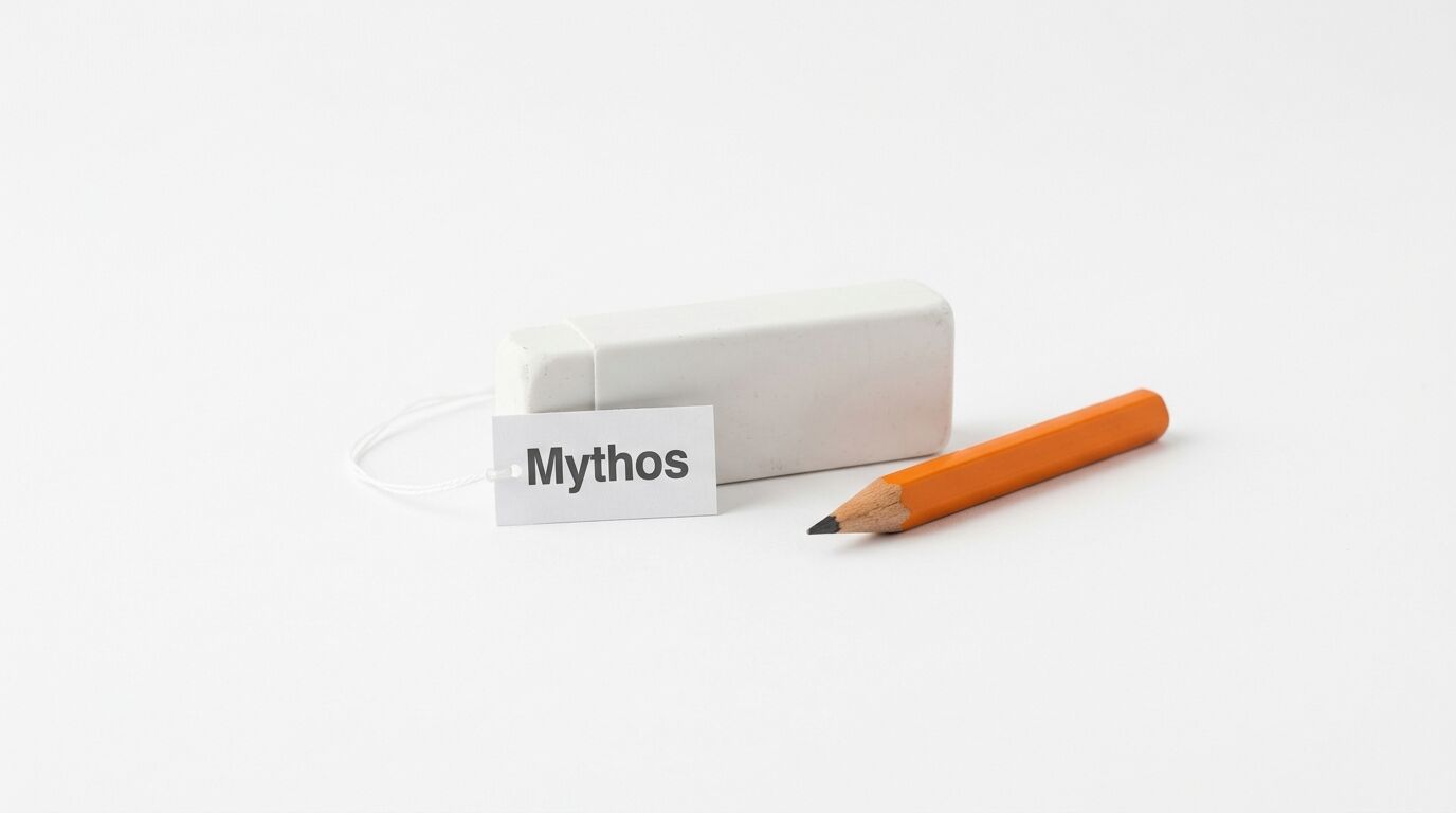 Ein Radiergummi, ein Bleistift und ein Schild mit der Aufschrift „Mythos“