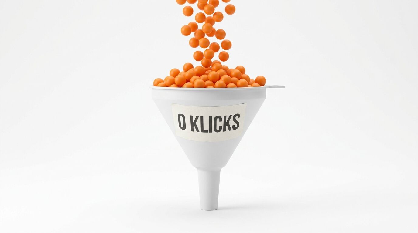 Ein weißer Trichter mit der Aufschrift „0 KLICKS“, in den orangefarbene Kugeln fallen