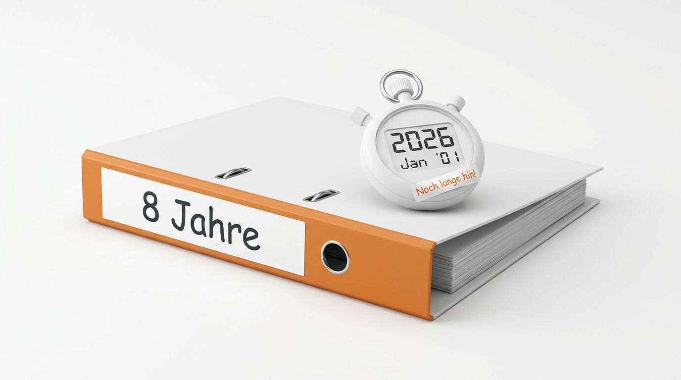 Oranger Aktenordner „8 Jahre“ mit Digitalstoppuhr „2026 Jan '01“, auf weiß