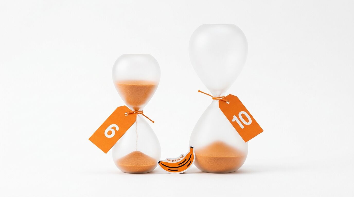 Zwei Sanduhren mit orangefarbenen Anhängern („6“, „10“) und eine Banane mit Text