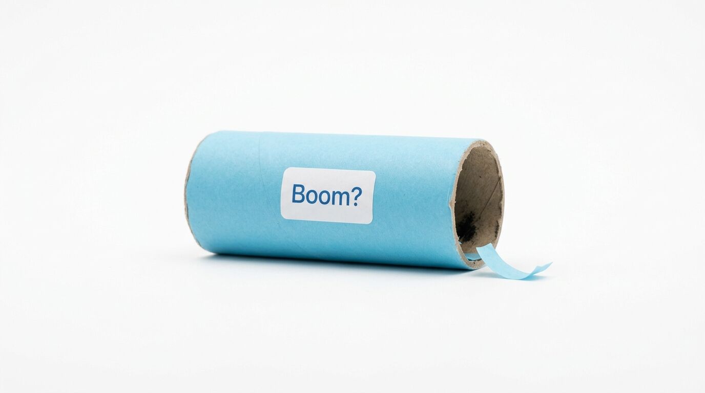 Blaue Papphülse mit dem Wort „Boom?“ auf einem Etikett, auf weißem Grund liegend