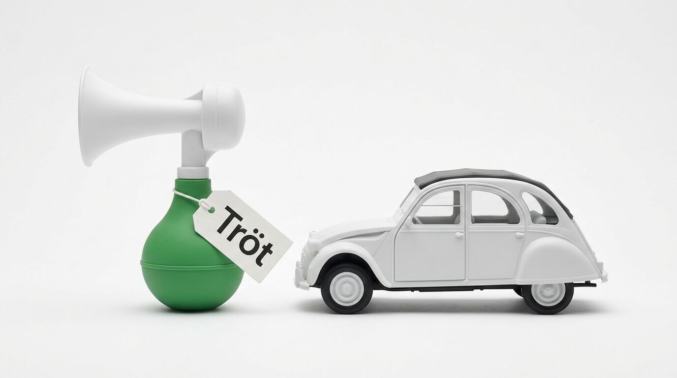 Große Ballhupe mit „Tröt“-Schild links, daneben weißes Citroën 2CV Modellauto rechts