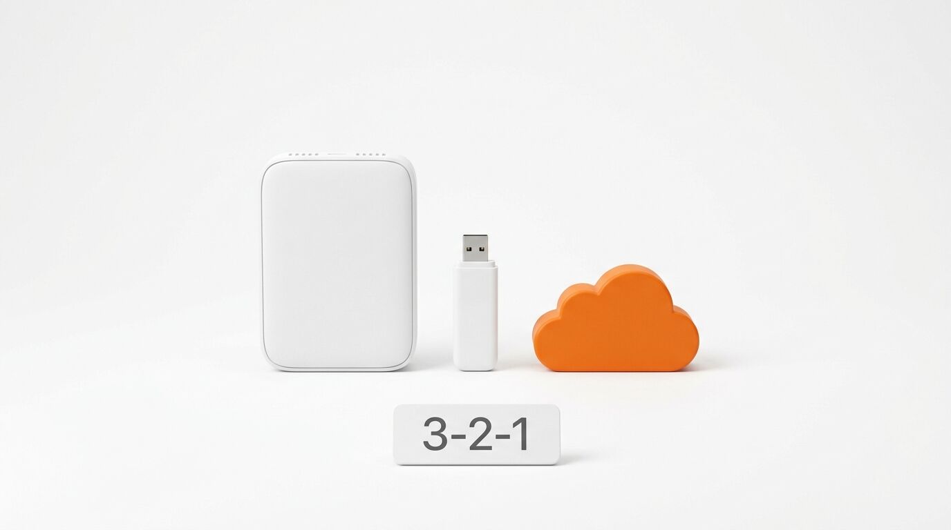 Weiße Festplatte, USB-Stick, orangefarbene Cloud-Figur, Schild mit