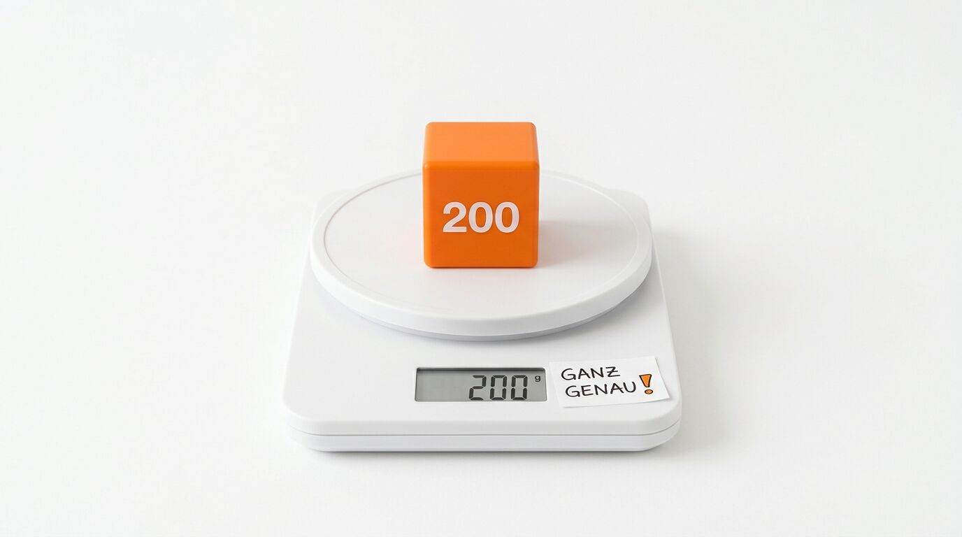 Orangefarbener Würfel mit der Zahl 200 auf einer digitalen Waage, die 200g anzeigt