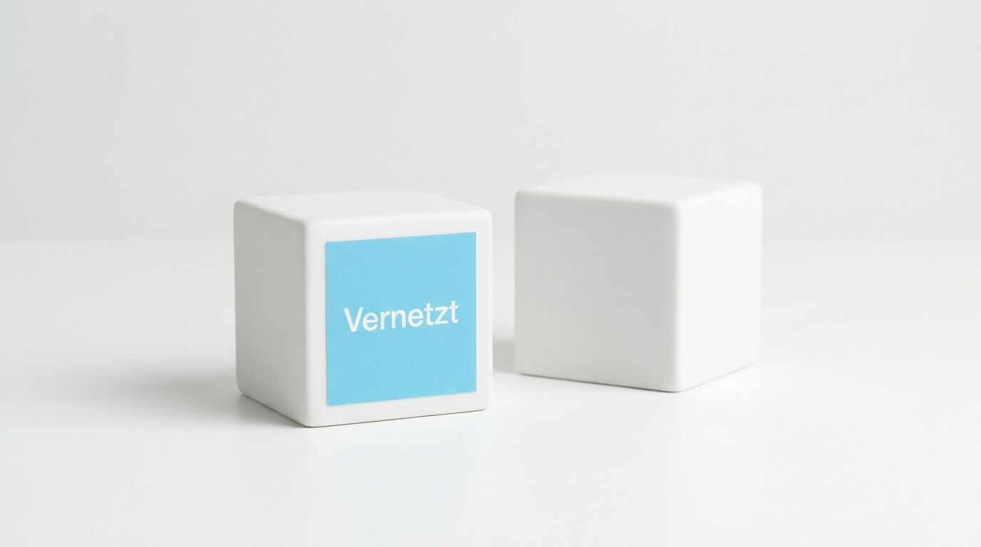 Zwei weiße Würfel auf weißem Grund; linker Würfel mit blauem Aufkleber und weißem Text 