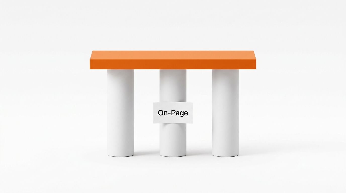Drei weiße Säulen tragen einen orangen Balken. An der mittleren ein Schild mit „On-Page“