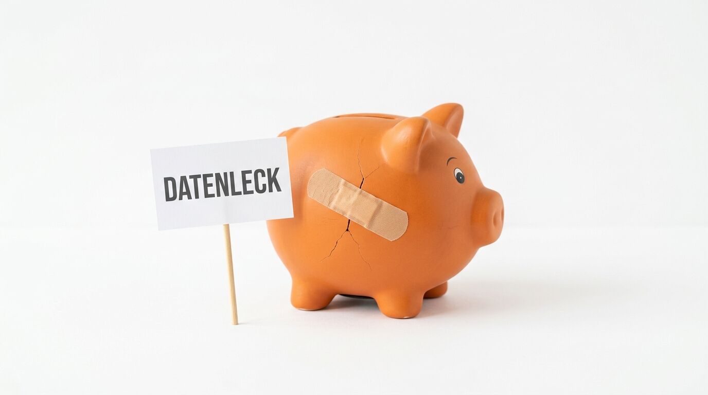 Beschädigtes Sparschwein mit Pflaster und Schild: „DATENLECK“