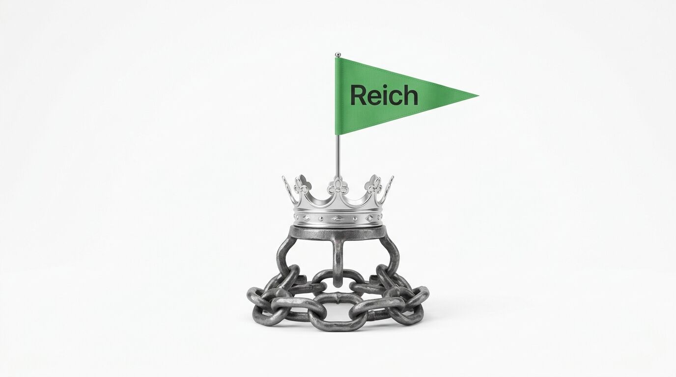 Eine Krone über Eisenketten, getoppt von einer grünen Flagge mit der Aufschrift „Reich“ auf Weiß