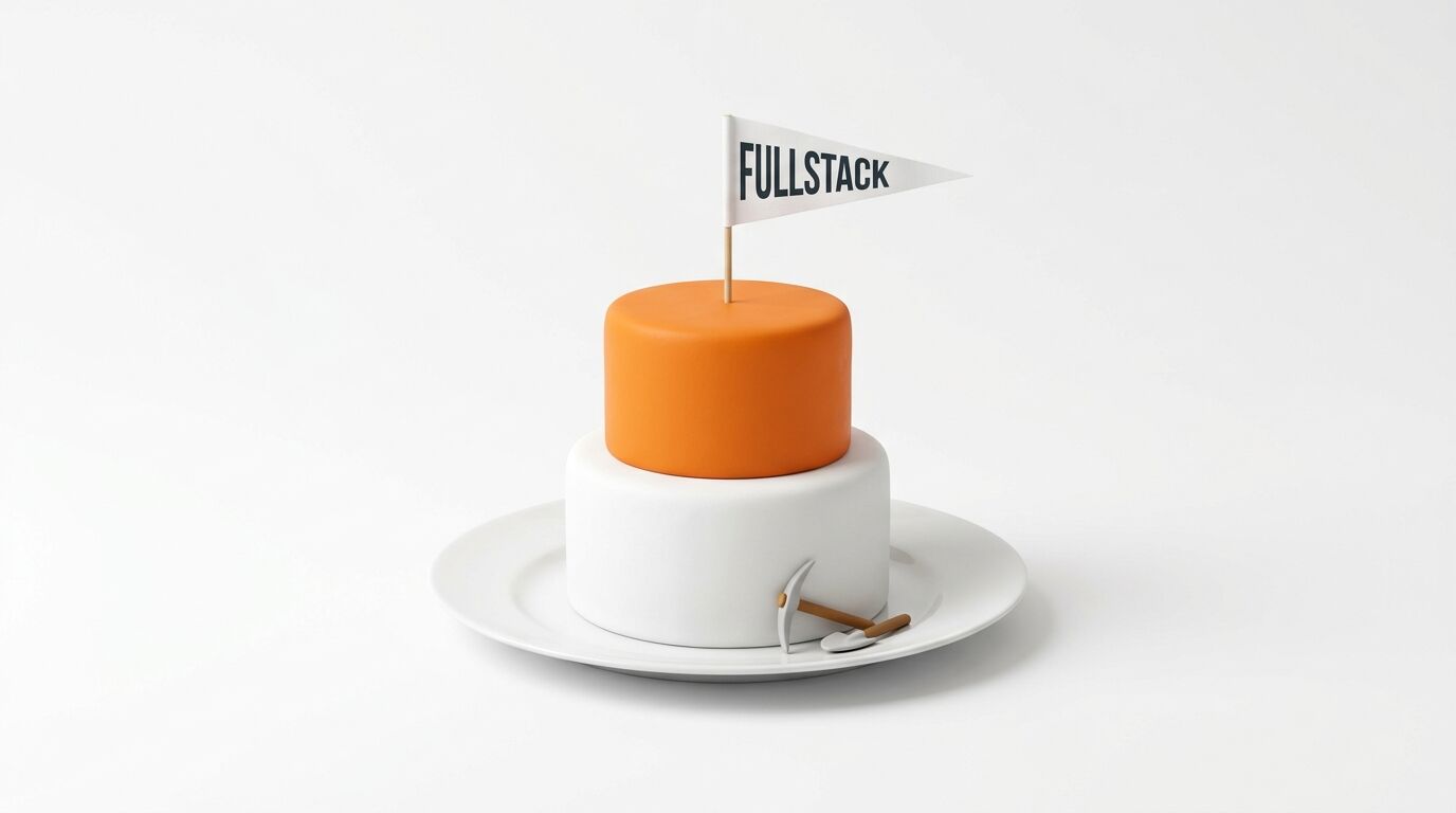 Zweistöckiger weiß-oranger Kuchen auf weißem Teller mit kleiner Spitzhacke und Schaufel