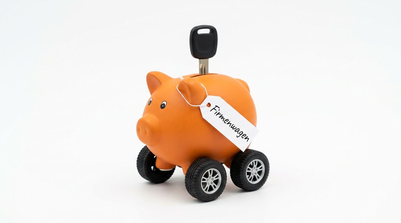 Oranges Sparschwein auf Rädern mit Autoschlüssel und Anhänger