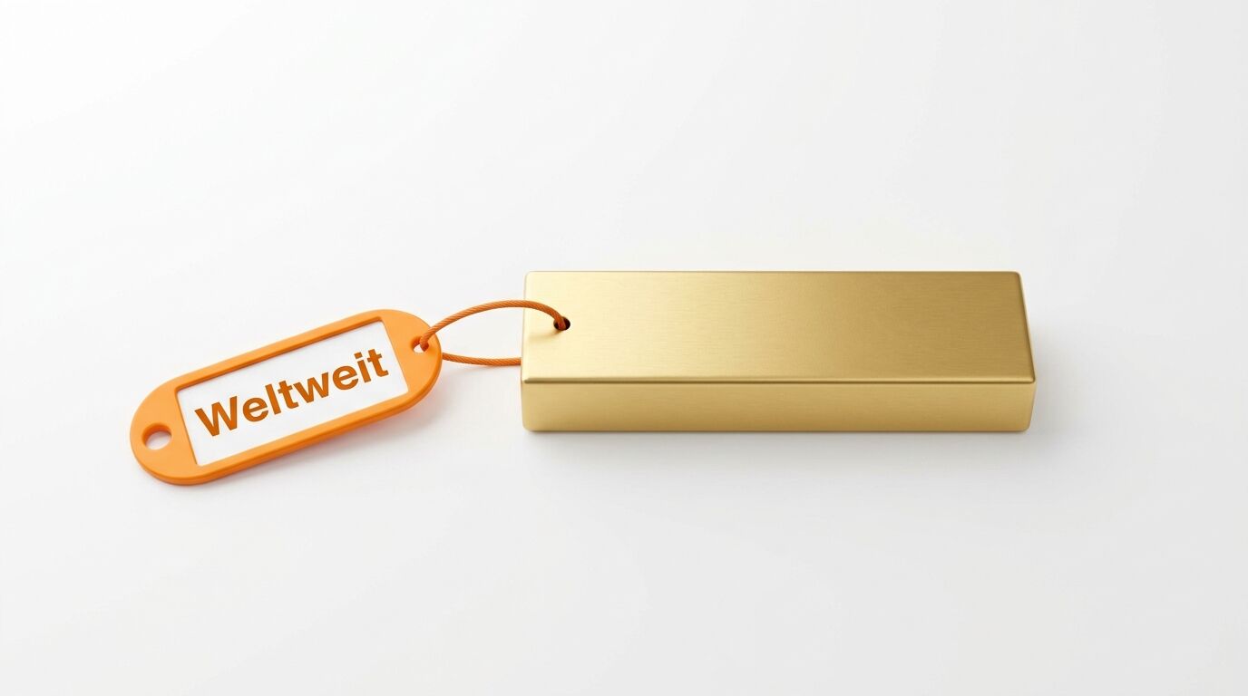 Ein Goldbarren mit einem orangen Anhänger und der Aufschrift „Weltweit“ auf weißem Grund