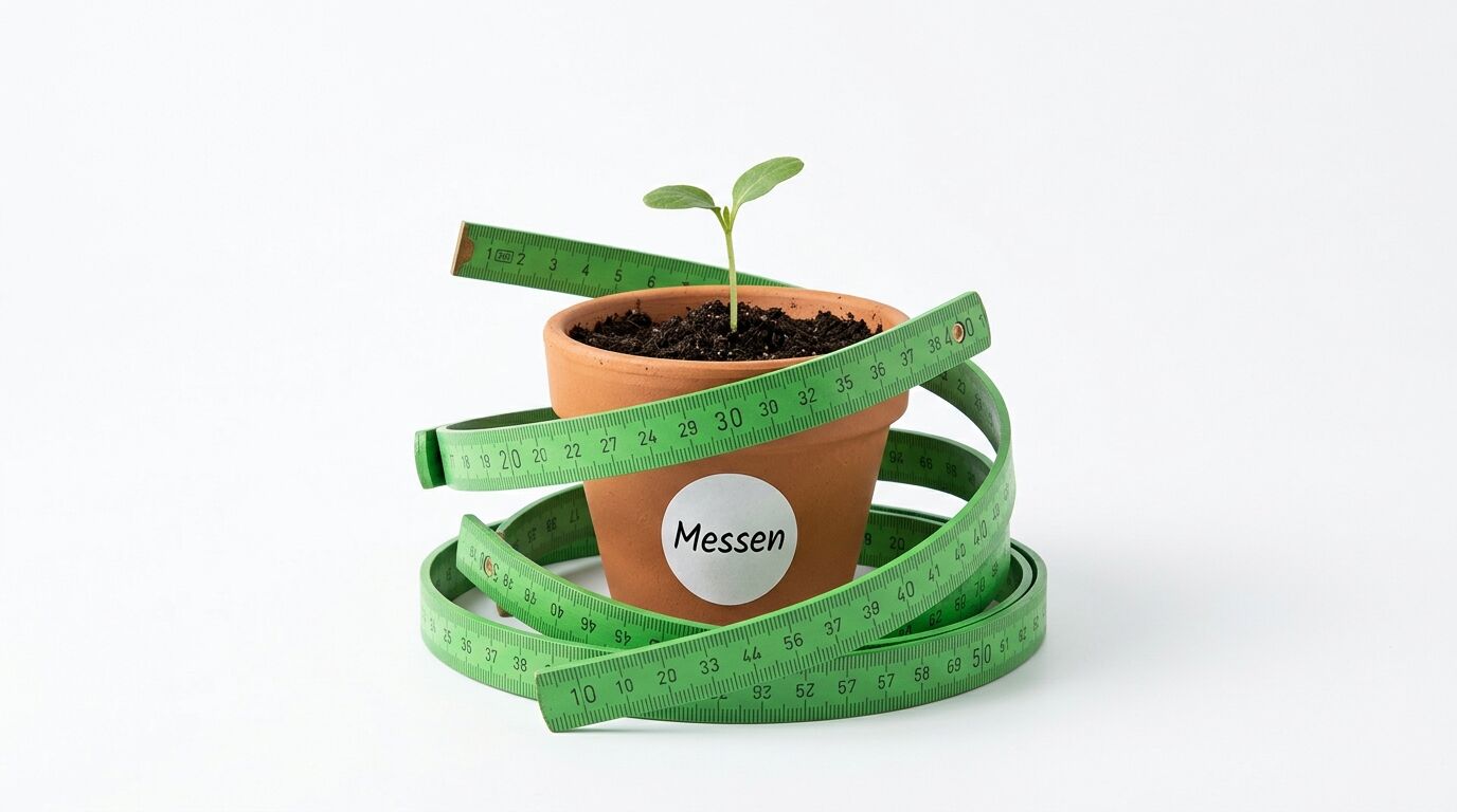 Blumentopf mit Pflanze und dem Schriftzug „Messen“ umwickelt mit zwei grünen Maßbändern