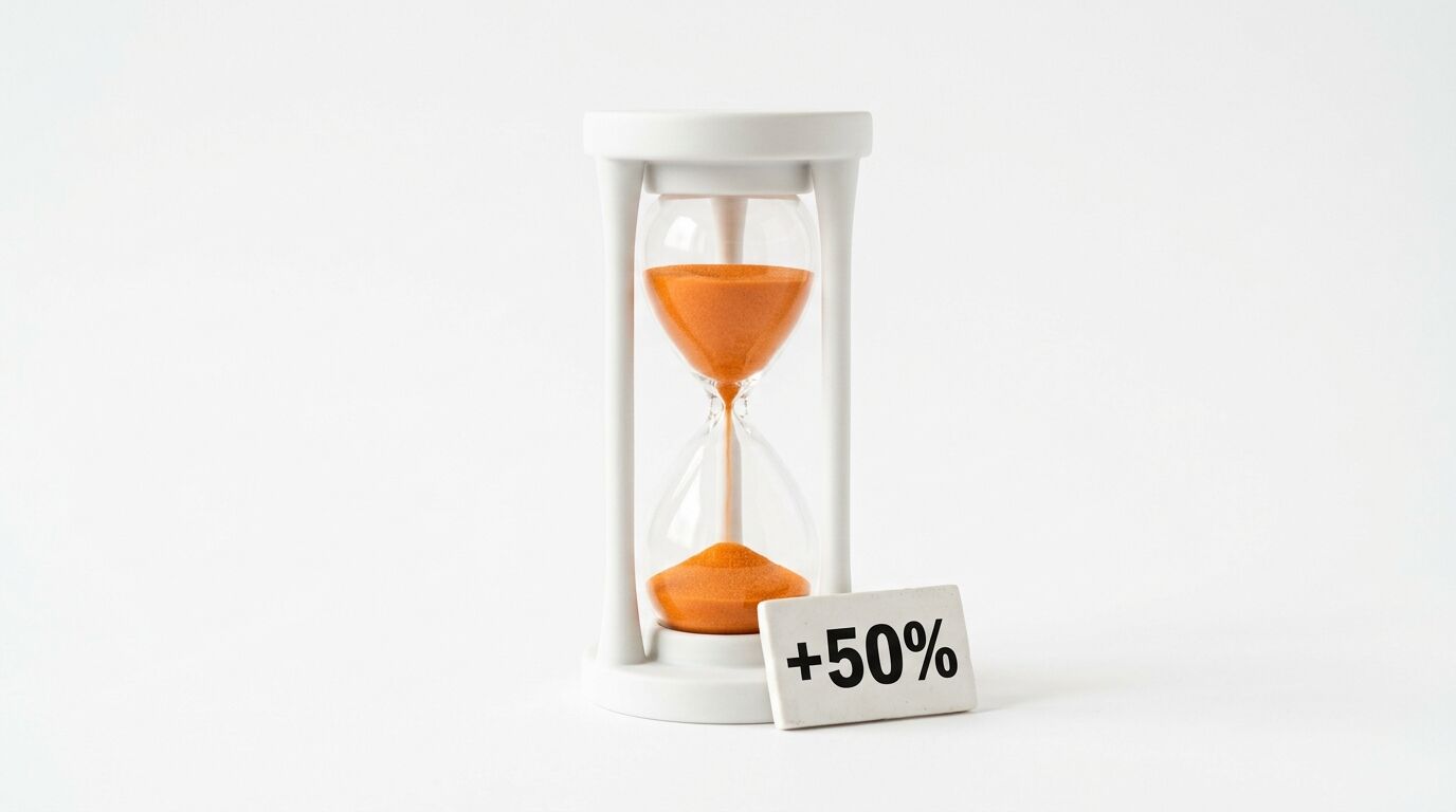 Weiße Sanduhr mit orangefarbenem Sand und einem „+50%“-Schild davor auf weißem Grund