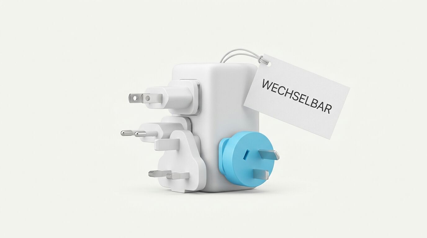 Kompakter Reiseadapter mit verschiedenen Steckervarianten, beschriftet mit „WECHSELBAR“