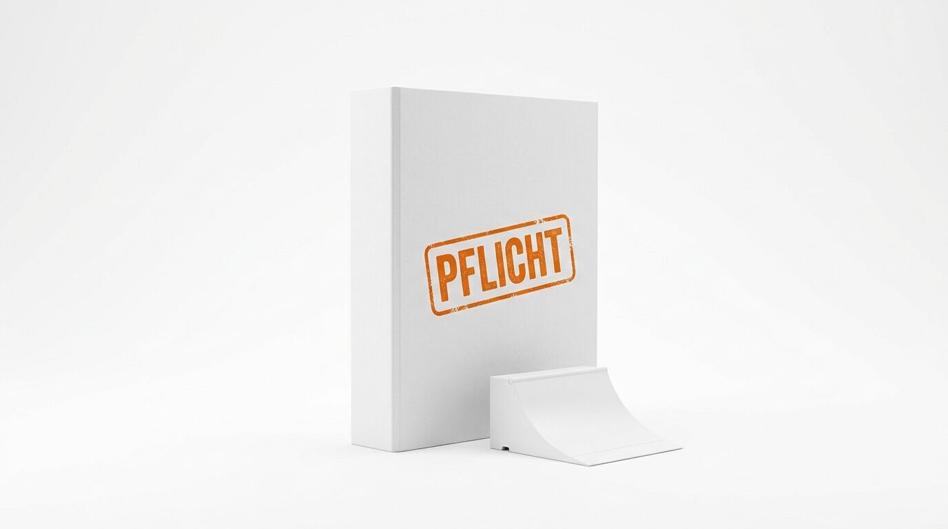 Weißes Buch mit orangem Stempel „PFLICHT“ und Rampe auf weißem Grund