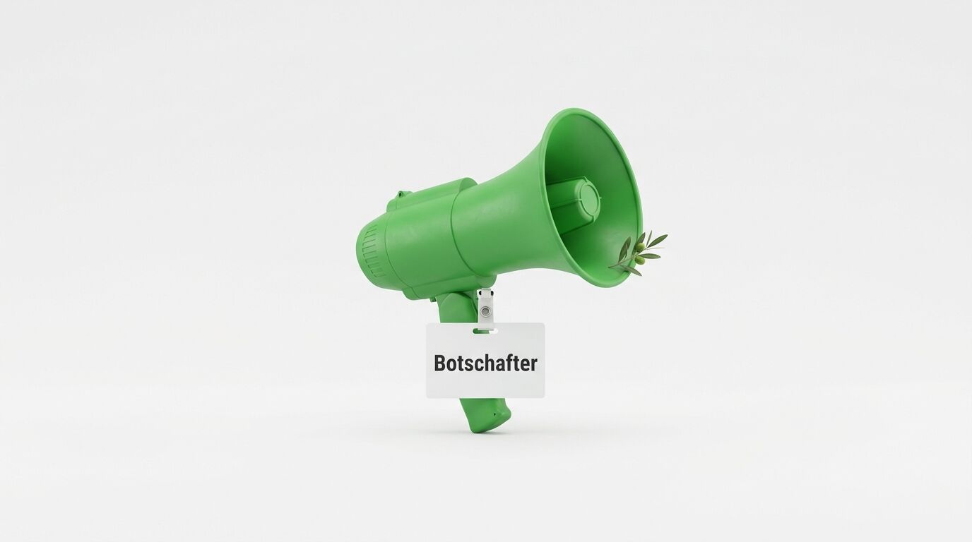 Grünes Megaphon mit Olivenzweig und einem Schild mit der Aufschrift „Botschafter“ auf weißem Hintergrund