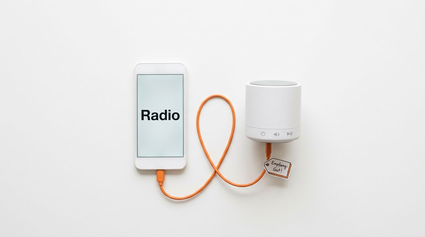 Smartphone mit „Radio“ am Lautsprecher mit Anhänger „Empfang Gut!“ verbunden via orangem Kabel