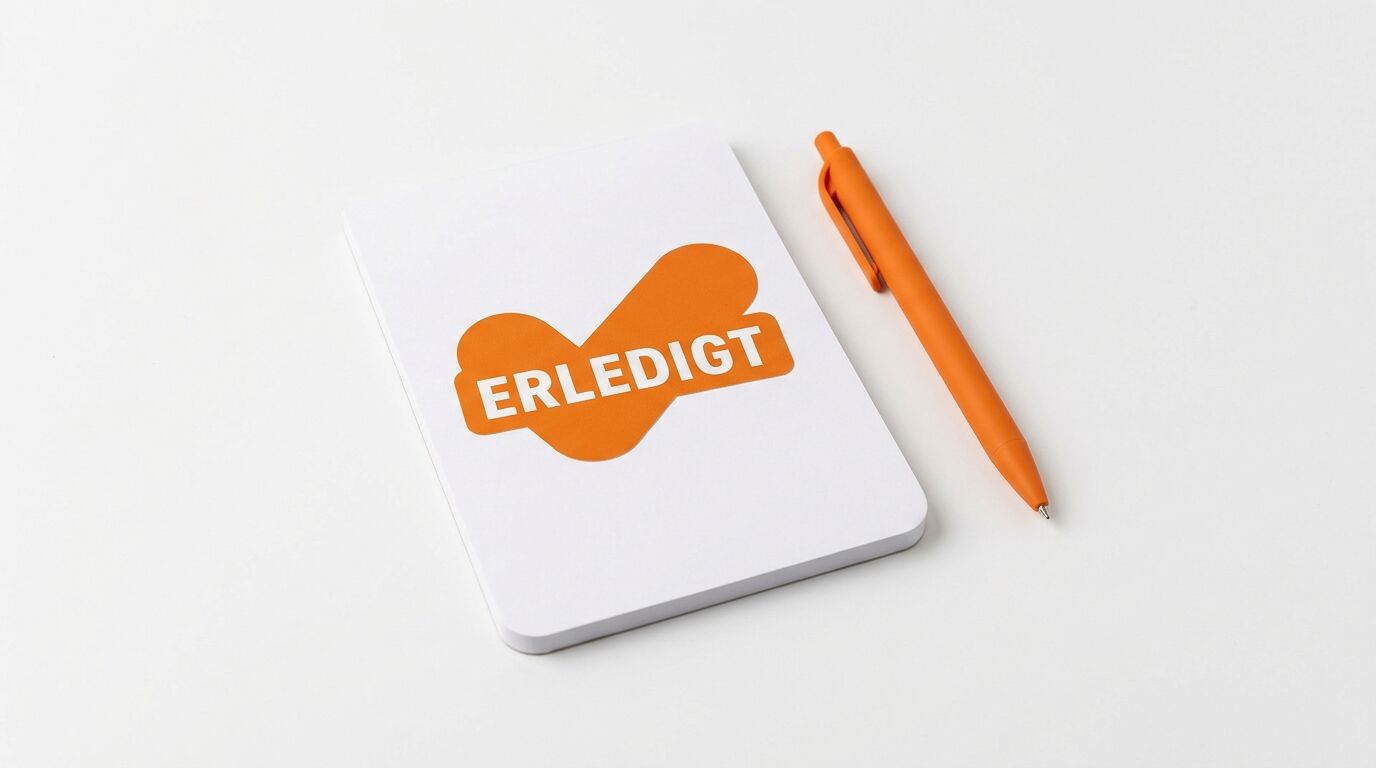 Notizblock mit Aufdruck „ERLEDIGT“ und ein oranger Kugelschreiber auf weißem Grund