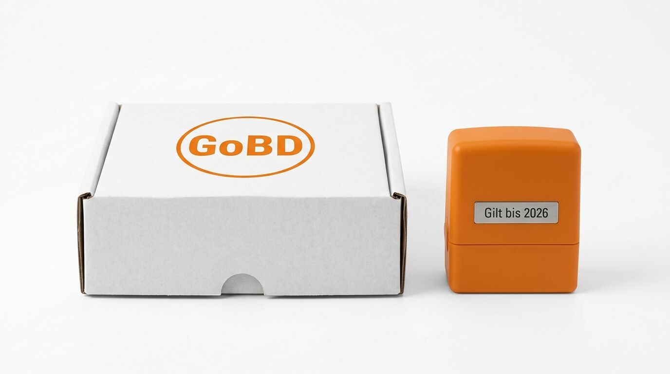 Weiße Box mit orangefarbenem „GoBD“-Logo neben einem orangefarbenen Stempel „Gilt bis 2026“
