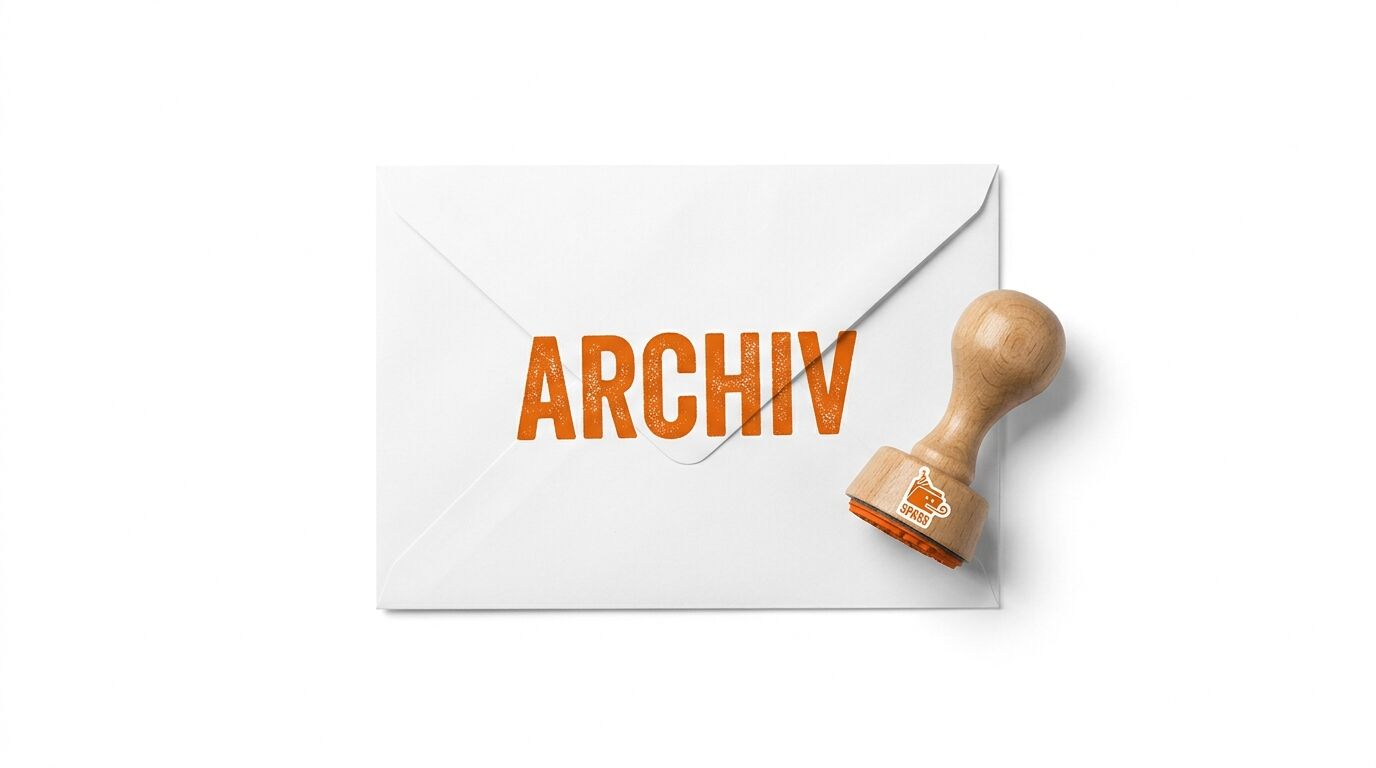 Umschlag mit orangefarbenem Stempel „ARCHIV“ und Holzstempel daneben auf weißem Hintergrund