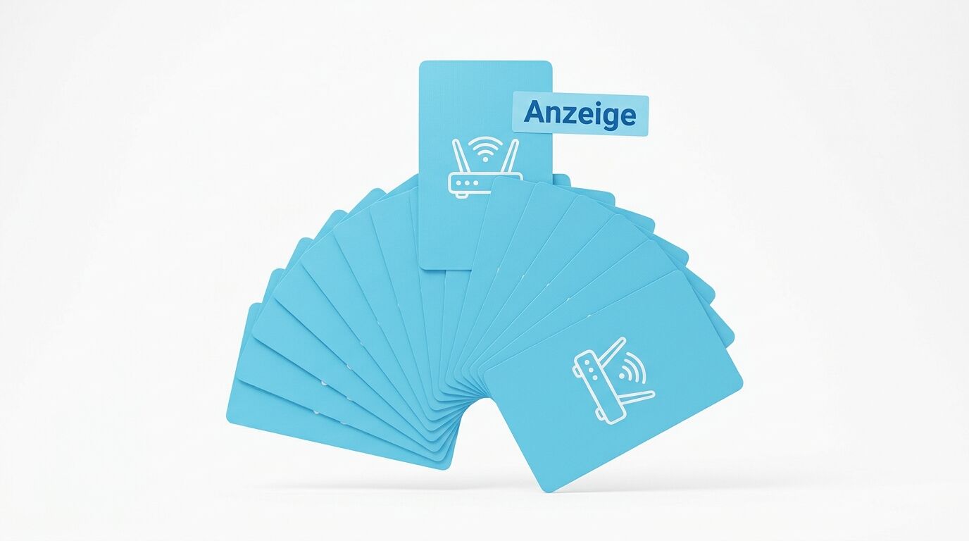 Gefächerte hellblaue Karten mit Router-Symbol, oben eine Karte mit Schriftzug „Anzeige“