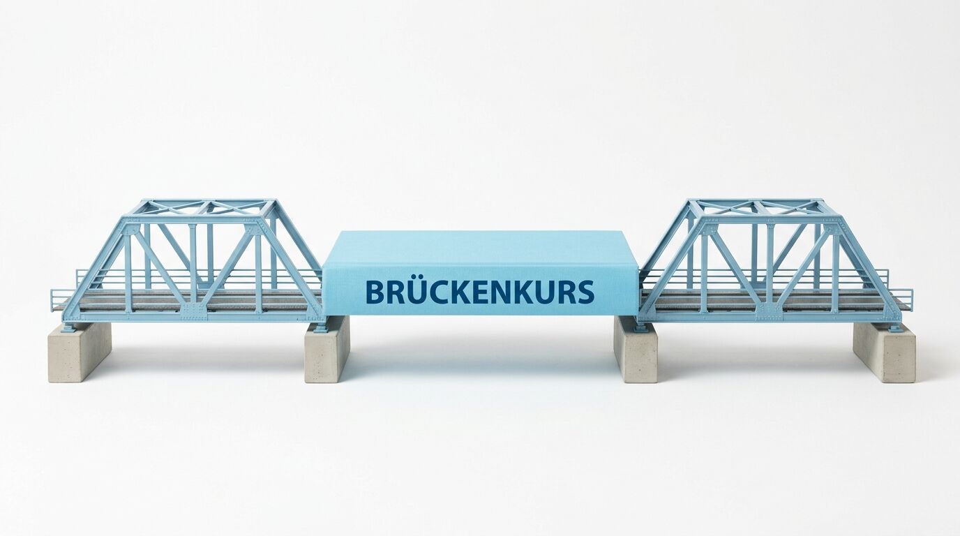 Modellbrücke mit blauem Buch und Aufschrift „BRÜCKENKURS“ auf weißem Grund