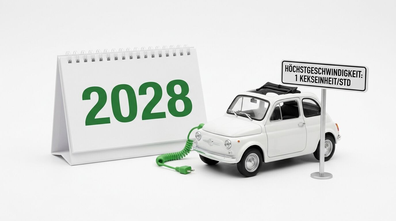 2028 Kalender mit Elektro-Fiat 500 Modell und humorvollem Tempolimit-Schild