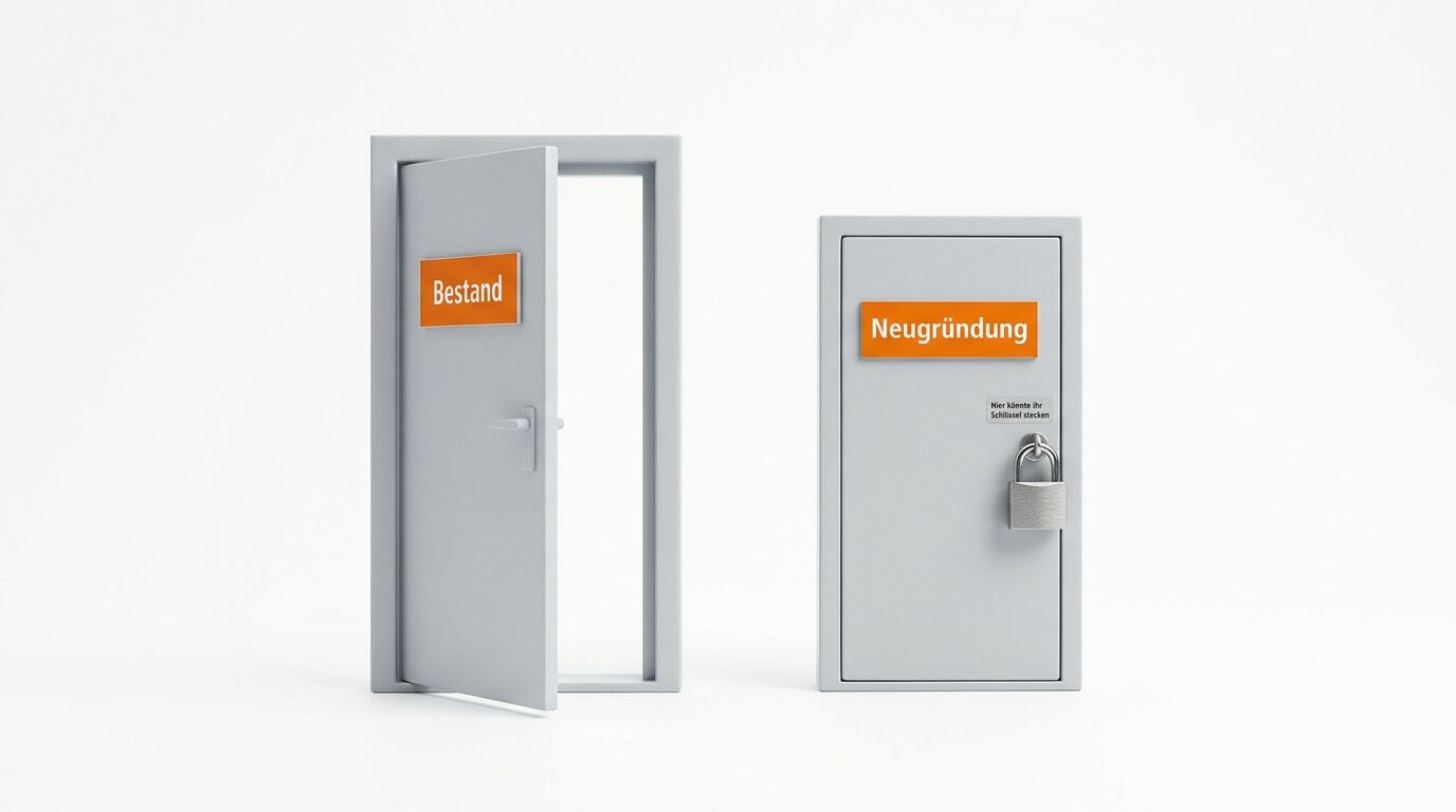 Zwei graue Türen: links offen, Beschriftung „Bestand“, rechts geschlossen, mit Vorhängeschloss, Beschriftung „Neugründung“ und kleinerem Text „Hier könnte ihr Schlüssel stecken“