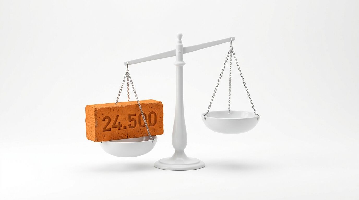 Weiße Balkenwaage, linke Schale mit orangefarbenem Ziegelstein mit „24.500“-Stempel, rechte Schale leer