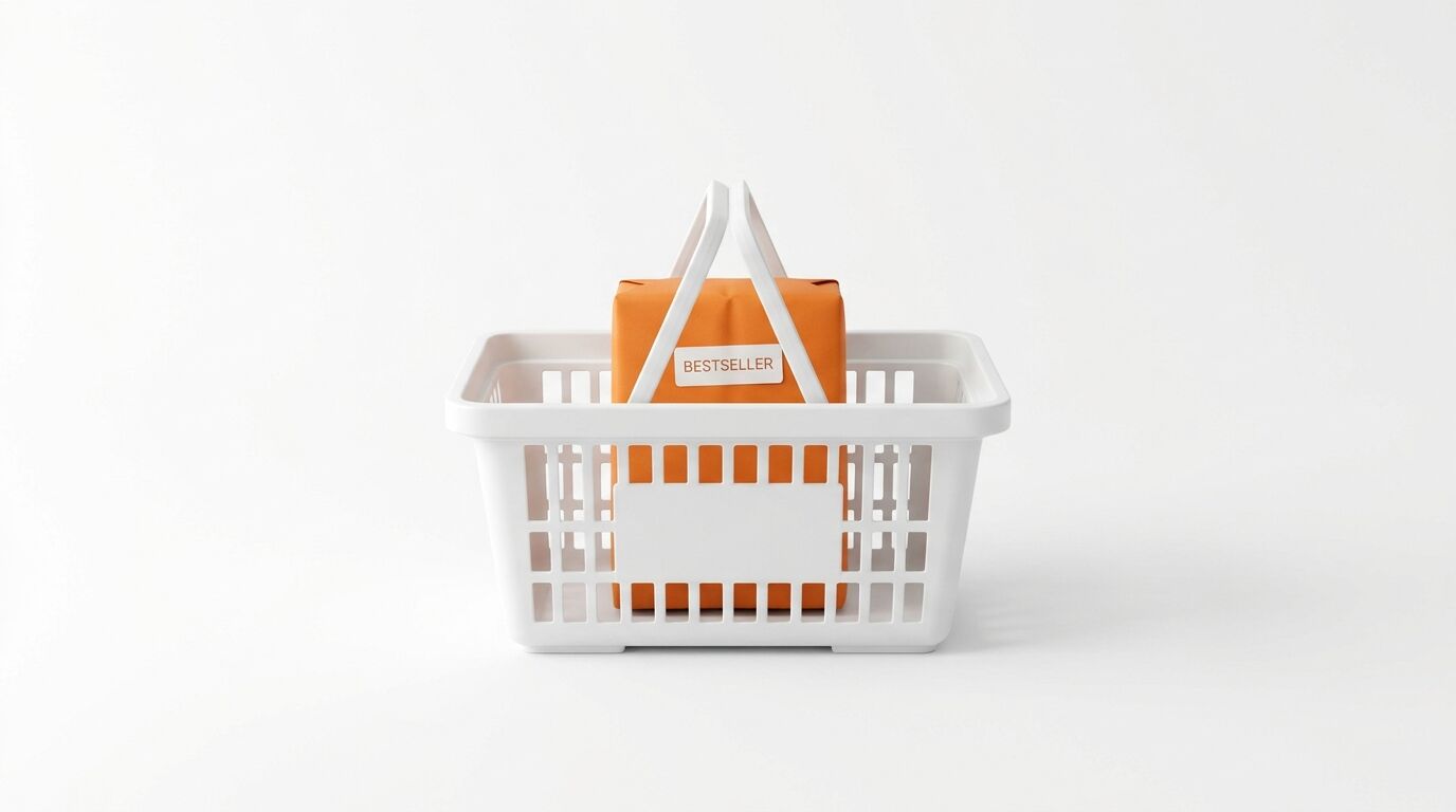 Ein weißer Einkaufskorb mit einem orangen Paket darin, auf dem „Bestseller“ steht