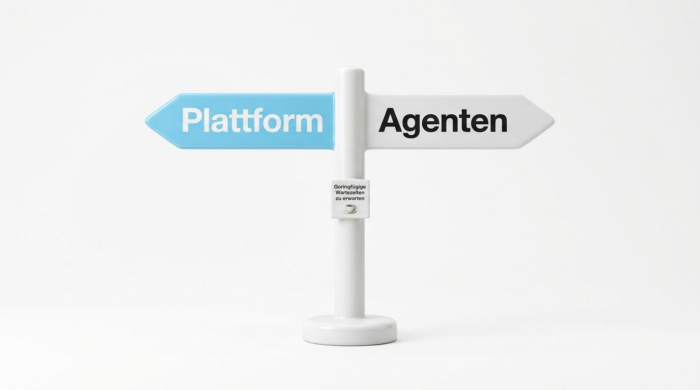 Wegweiser mit „Plattform“ (blau/links) und „Agenten“ (weiß/rechts). Kleines Schild: Wartezeiten