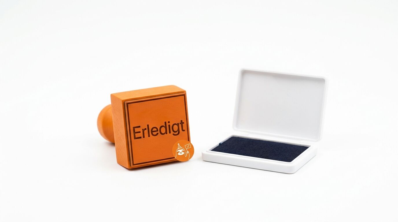 Ein Holzstempel mit der Aufschrift „Erledigt“ und einem Faultiersymbol neben einem Farbkissen