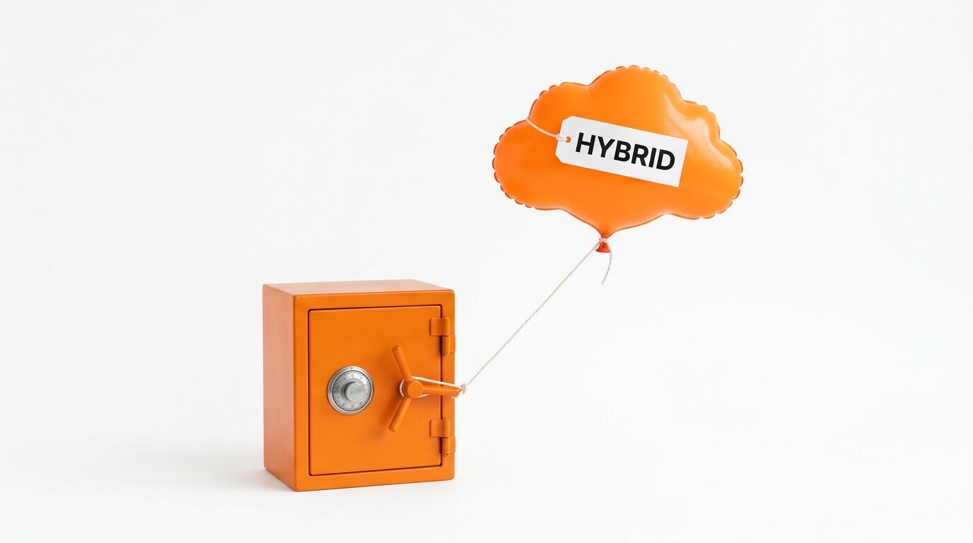 Oranger Safe verbunden mit orangem Cloud-Ballon mit der Aufschrift „HYBRID“ auf weiß