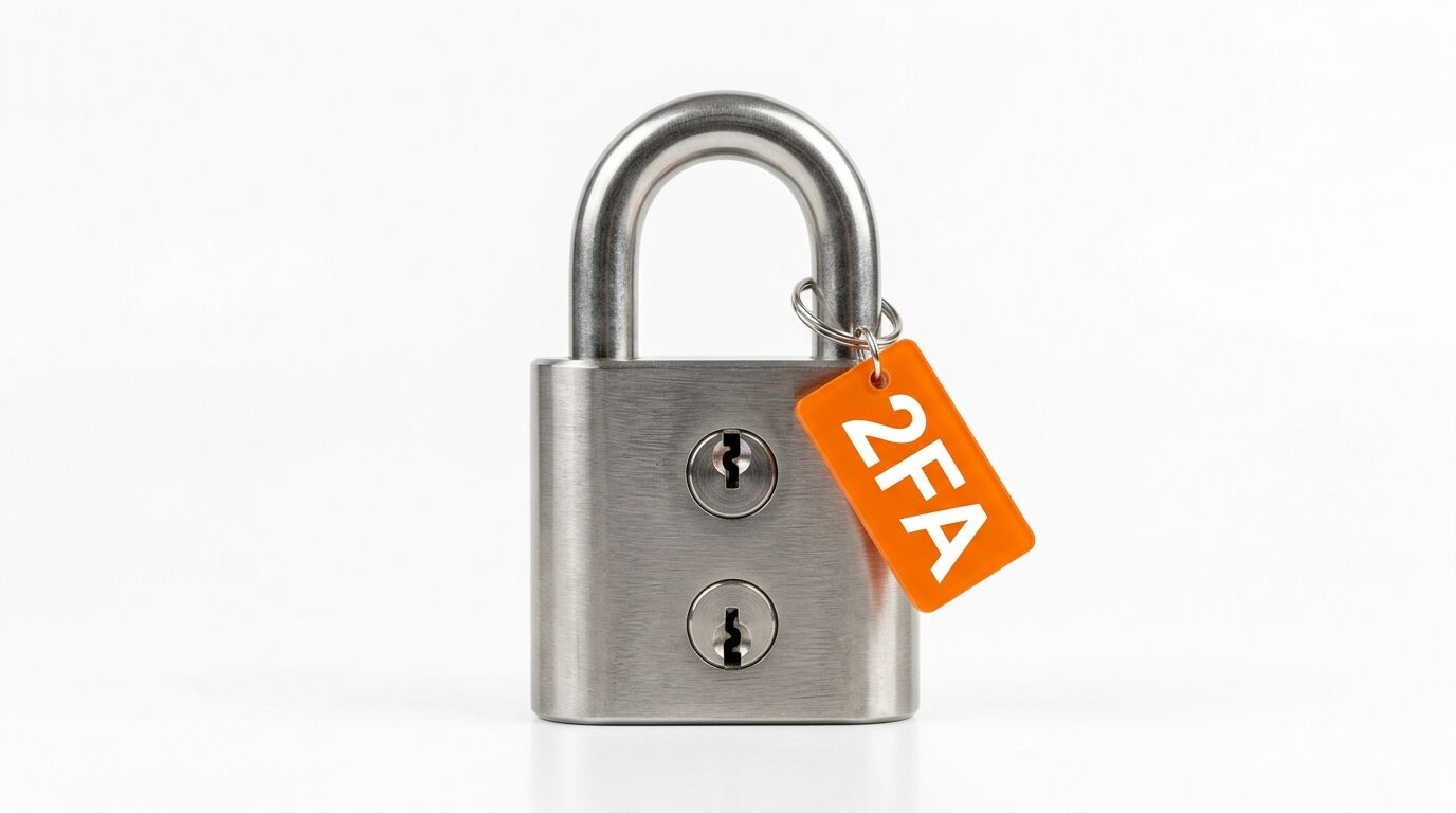 Ein silbernes Vorhängeschloss mit zwei Schlüssellöchern und einem orangen Anhänger mit der Aufschrift „2FA“