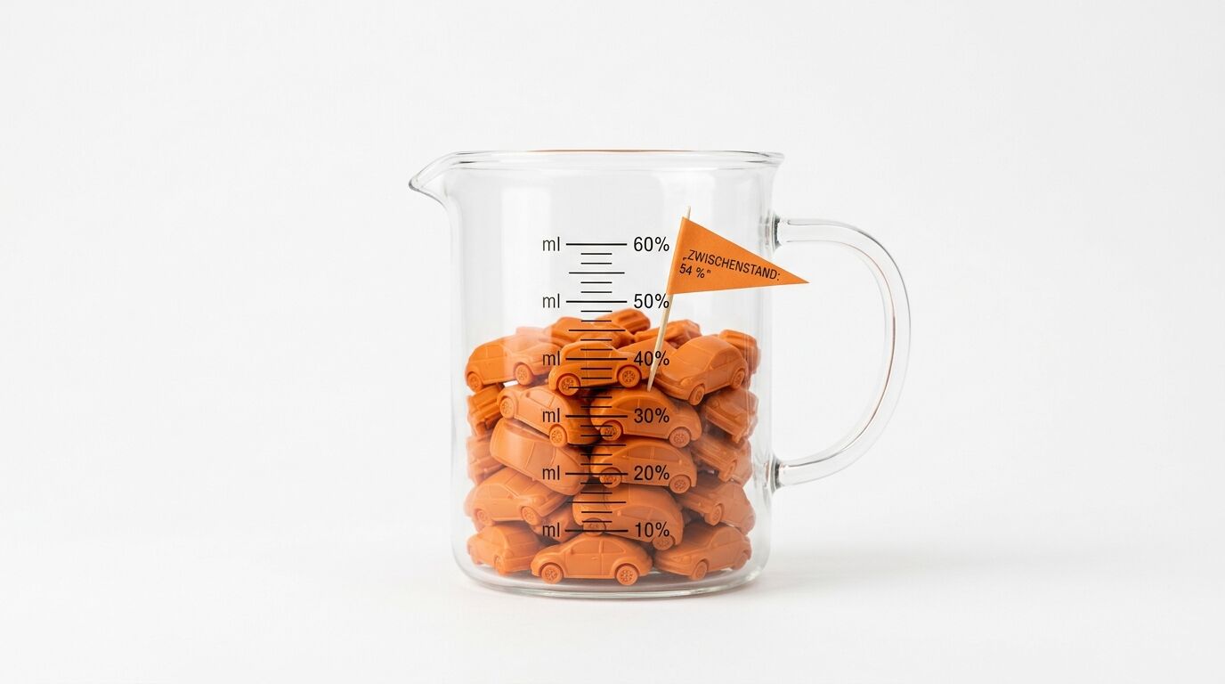 Messbecher mit orangefarbenen Spielzeugautos und „Zwischenstand“-Fähnchen