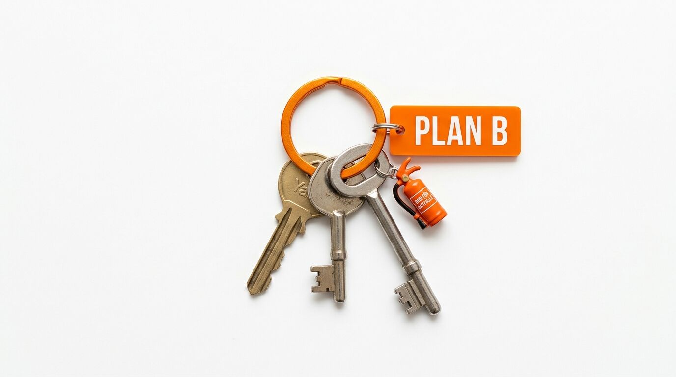 Ein Bund Schlüssel mit einem orangen Anhänger mit der Aufschrift „PLAN B“ auf weißem Hintergrund