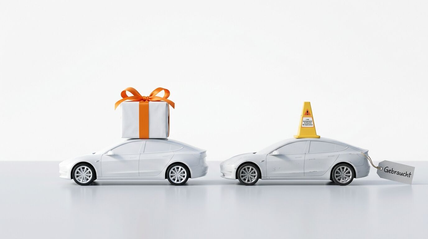 Zwei weiße Spielzeugautos: links ein Geschenk, rechts eine Pylone und „Gebraucht“-Schild