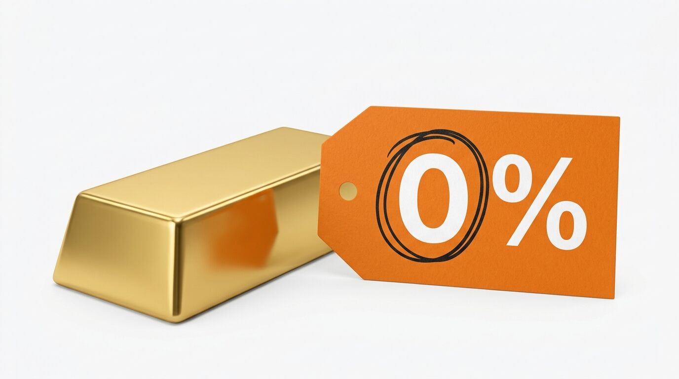 Ein Goldbarren liegt neben einem orangefarbenen Anhänger mit der Aufschrift „0%“