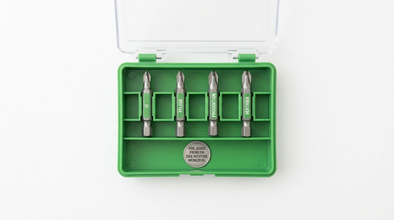 Grüne Bit-Box mit 4 beschrifteten Bits und Textplakette auf weißem Grund