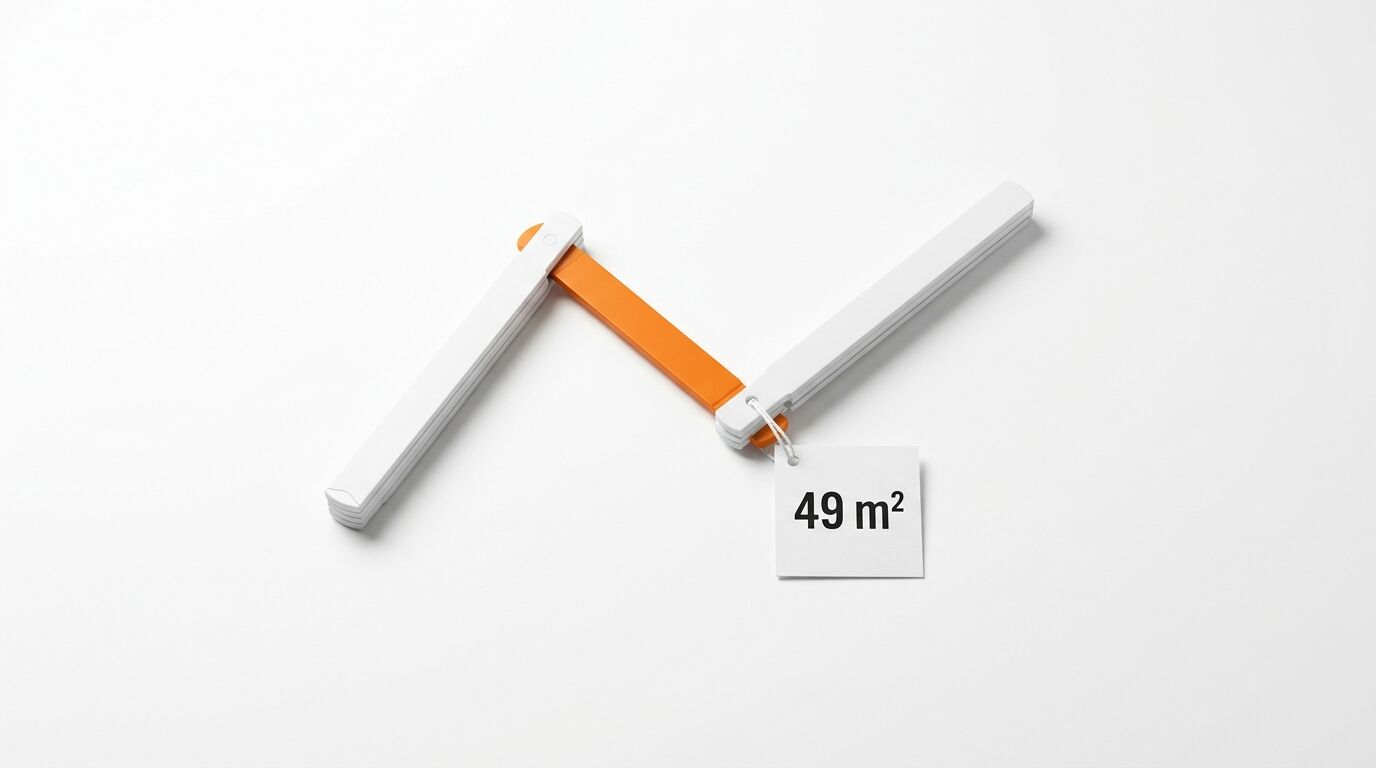 Ein Meterstab zeigt eine Kurve mit einem Etikett, auf dem 49 m² steht